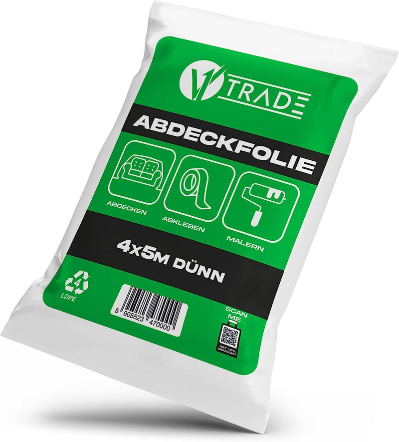 V1 Trade Abdeckfolie Maler 4m/5m 1/3/8/10x Transparent - Material LDPE