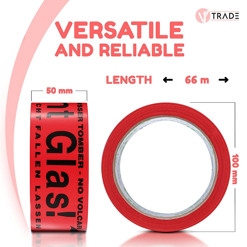 V1 TRADE Rotes Klebeband "Vorsicht Glas" 50mm x 66m – Paketklebeband für Zerbrechliche Pakete, Weithin Sichtbar