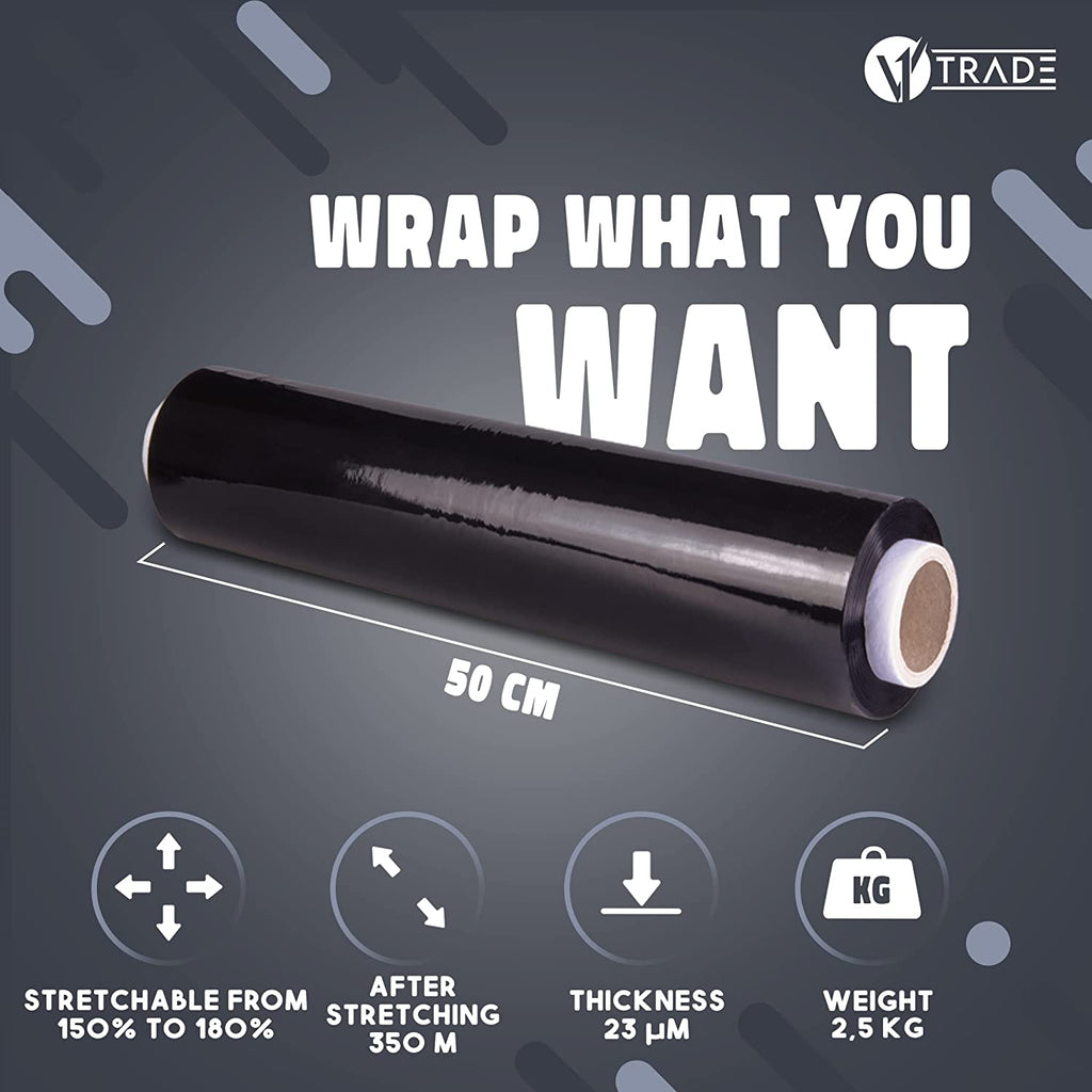 V1 Trade stretchfolie - zwart - 23 micrometer dik - rol 150 meter lang en 500 mm breed V1 Trade stretchfolie - zwart - 23 micrometer dik - rol 150 meter lang en 500 mm breed
