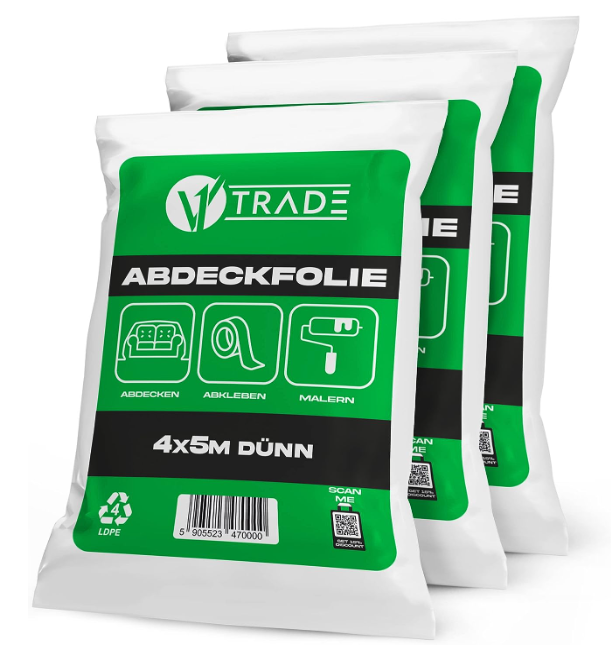 V1 Trade Abdeckfolie Maler 4m/5m 1/3/8/10x Transparent - Material LDPE